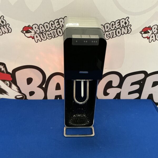 Black SodaStream machine for making sparkling water at home.