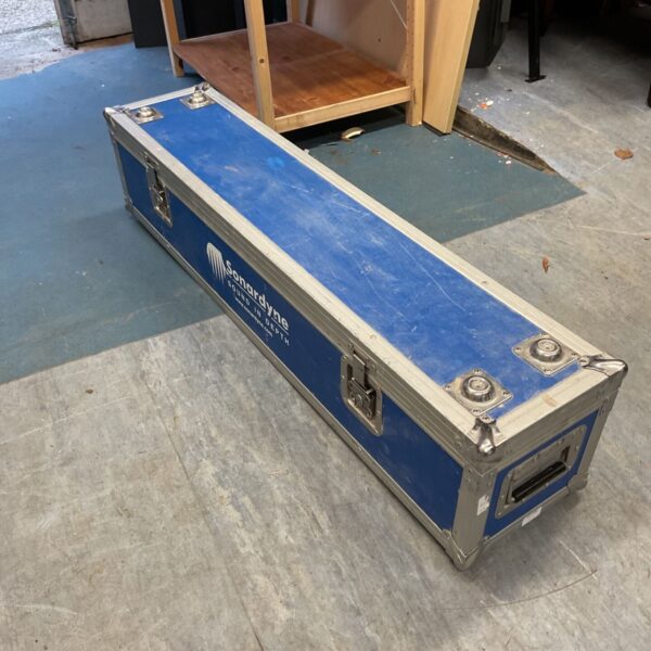 Blue Sonardyne heavy duty flight case with silver aluminium edging and metal latches