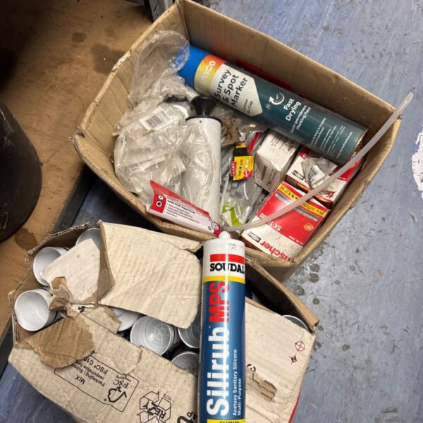 Box of Soudal Silirub MPS sanitary sealant tubes and hardware.