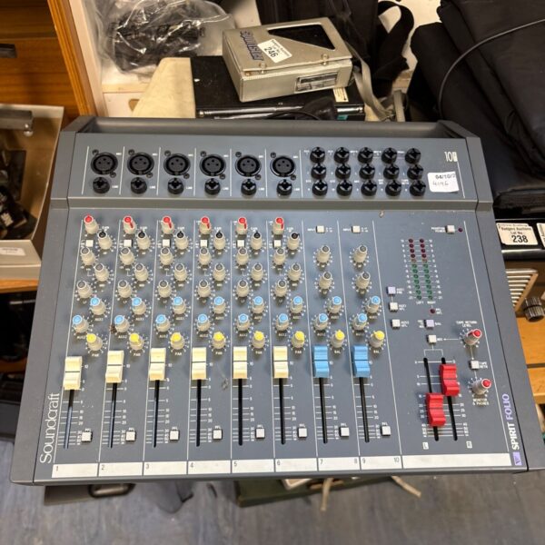Front view of a vintage Soundcraft Spirit Folio analog audio mixer.