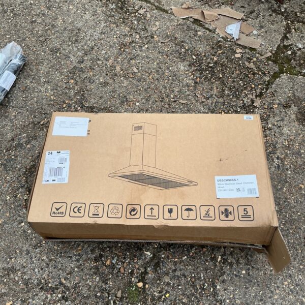 Stainless steel chimney hood, 90cm, model UBSCH90 for kitchen ventilation.