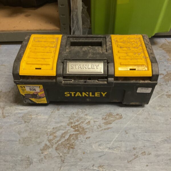 Black and yellow Stanley One Touch toolbox with carry handle and yellow lids