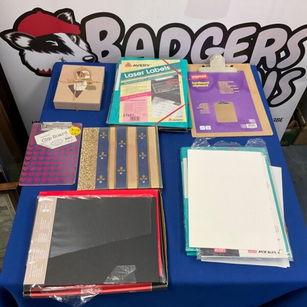 Stationery bundle with clipboards and Avery labels for office use.