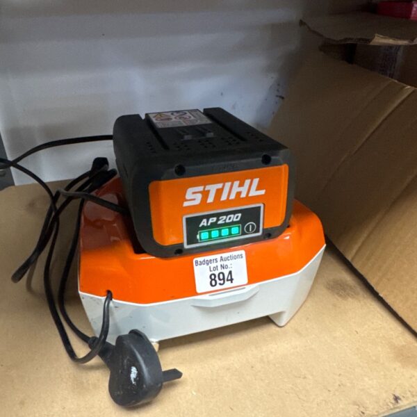 Stihl AP200 battery and charger showing full charge.