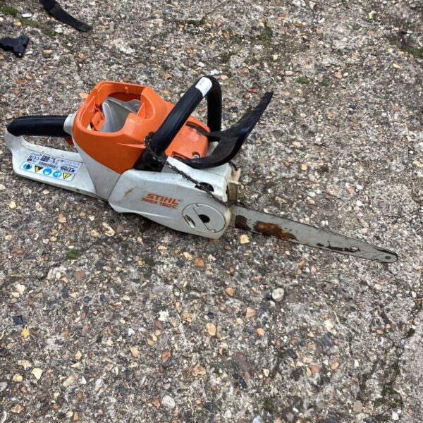 Stihl MSA 180C chainsaw for repair, showing the body and handle.