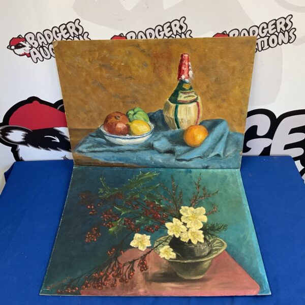 Vintage still life oil painting of fruit on a draped cloth.