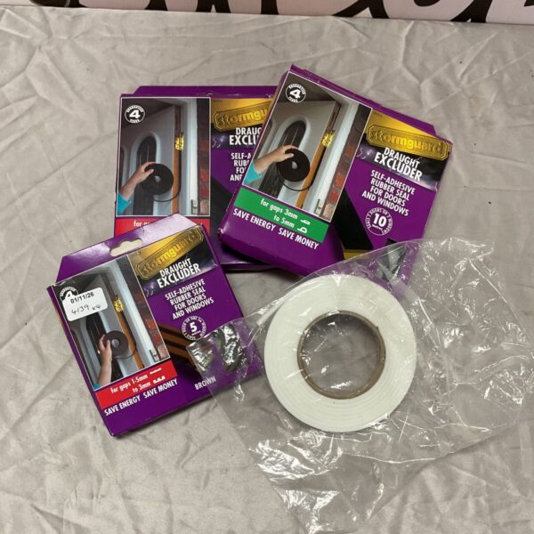 Stormguard draught excluder boxes with self-adhesive rubber seal and white foam tape roll