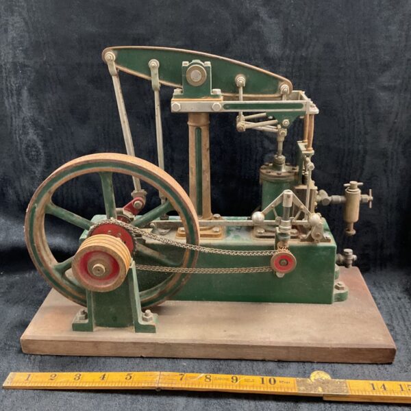 Vintage Stuart pillar mounted beam engine model on wooden base, green finish