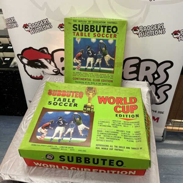 Two vintage Subbuteo Table Soccer boxes, Continental Club and World Cup Editions, in green