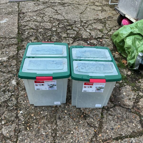 Pair of Sunware plastic storage boxes with green lids and red clips