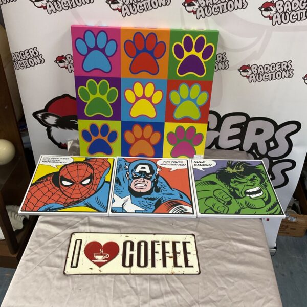 Superhero canvas prints of Spider-Man, Captain America and Hulk with coffee metal sign