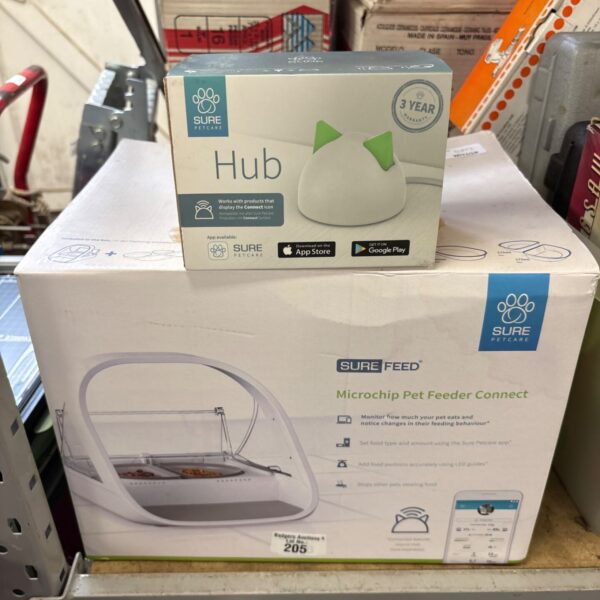 Sure Petcare Surefeed Microchip Pet Feeder Connect and Sure Petcare Hub boxes on shelf