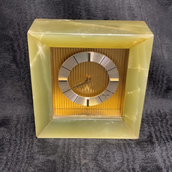 Vintage Swiza green onyx mantle clock with Art Deco design.