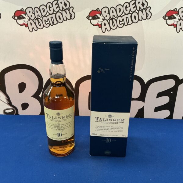 Boxed bottle of Talisker 10 Year Old Single Malt Scotch Whisky.