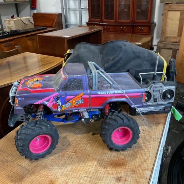 Tamiya Bush Devil RC monster truck with radio controller and bag