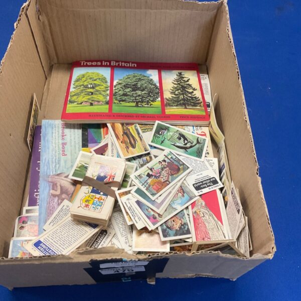 Vintage tea cards in box, featuring British trees illustrations.