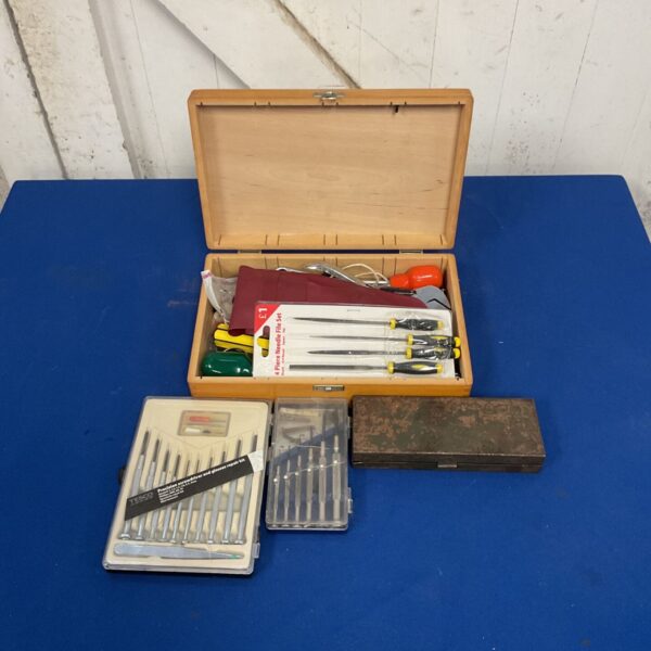 Wooden box with screwdrivers, pliers and Tesco precision screwdriver kit