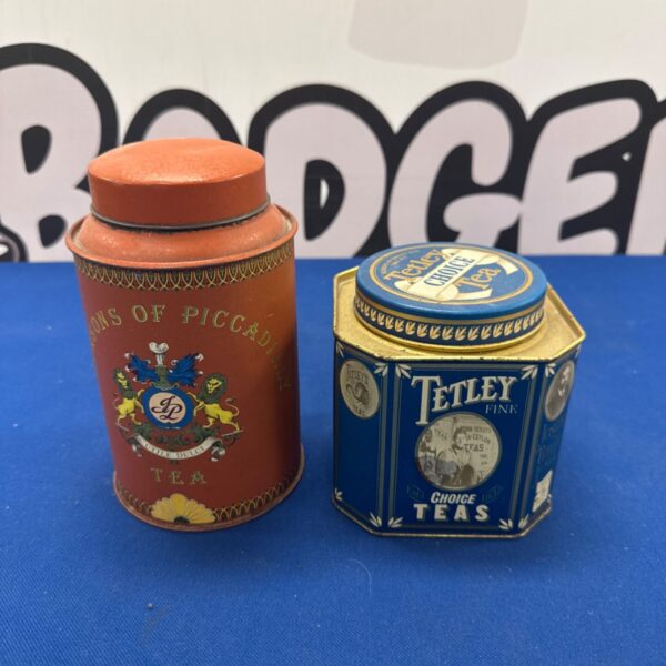 Vintage Tetley and Jackson's of Piccadilly tea tins, collectible kitchenalia.