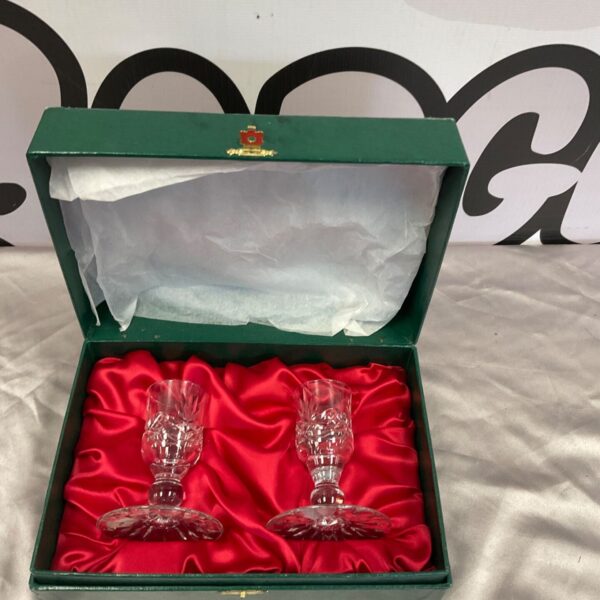 Pair of Thos Webb cut crystal candle holders in green presentation case