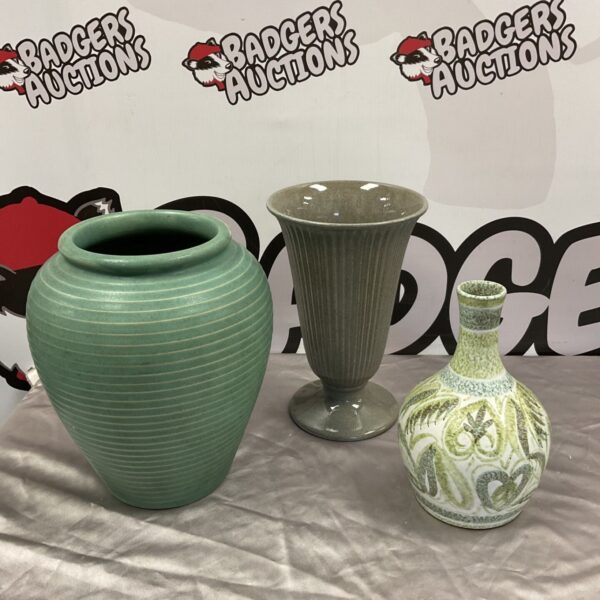 Three pottery vases including Wedgwood trumpet vase and Denby Glyn Colledge vase