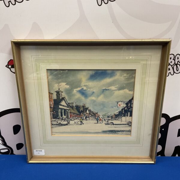 Framed Tim Widdowson watercolour of an impressionist Hampshire townscape with clock tower