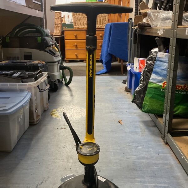 Yellow and black Topeak Joeblow Sport 3 floor pump with T-handle and gauge