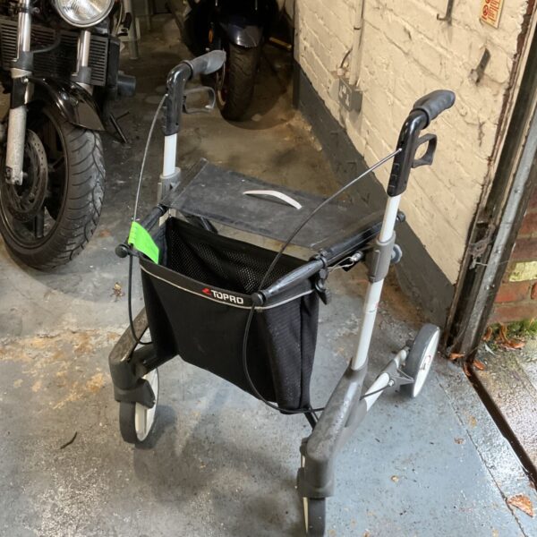 Topro four-wheeled mobility walker with black seat and storage basket