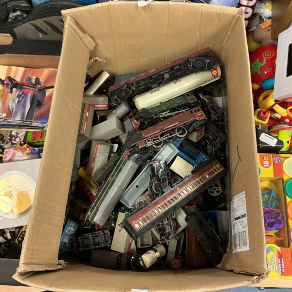 Vintage Triang Hornby model trains and carriages in a box.