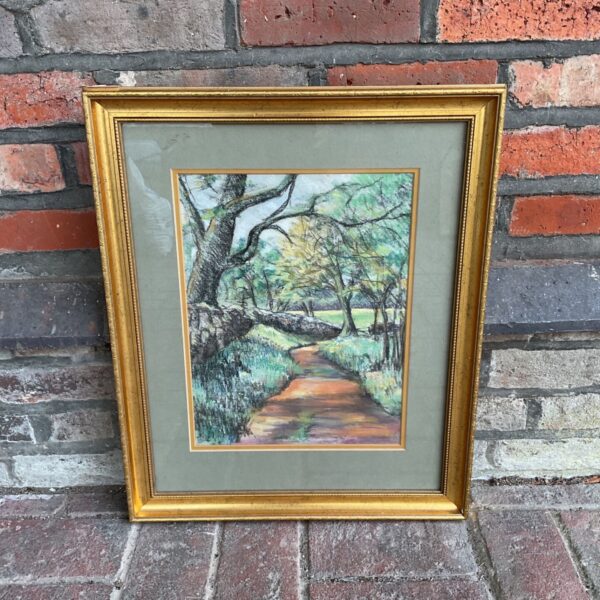 Framed original pastel artwork by Trina Stephens titled The Path, woodland track