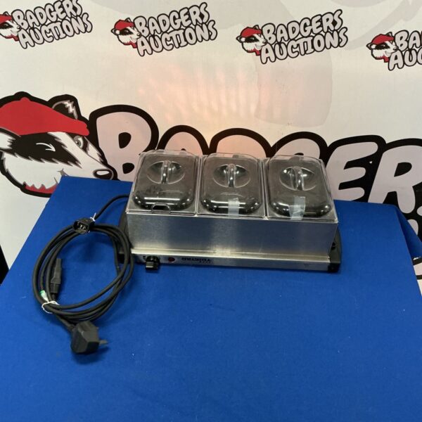 Stainless steel Tristar Bain Marie food warmer with three wells.