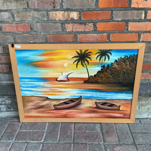 Vibrant tropical beach oil painting with palm trees and boats.