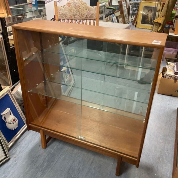 Tunbridge teak glass fronted display cabinet with sliding glass doors and shelves