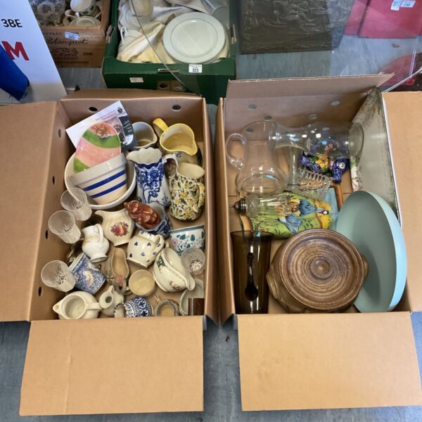 Two boxes of mixed jugs, glass tumblers and wooden serving trays