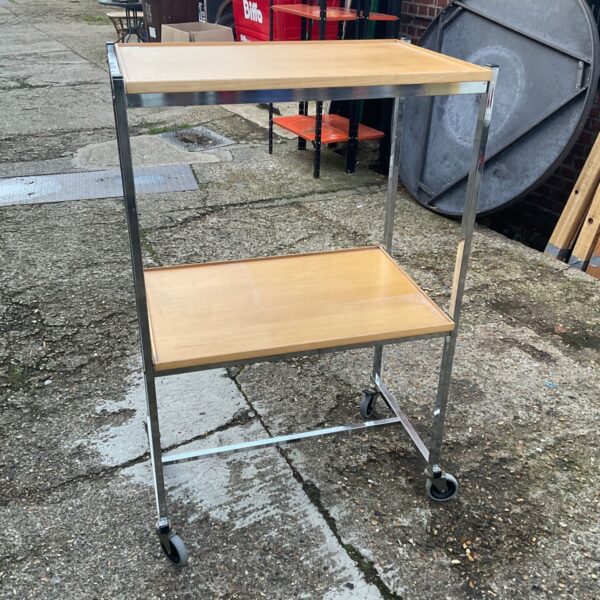 Two tier wooden table trolley with chrome frame and castors