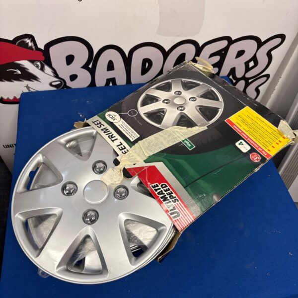 Silver Ultimate Speed 13 inch wheel trims for classic cars.