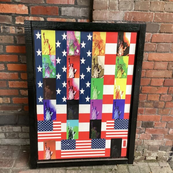 Framed USA Statue of Liberty pop art print with American flag panels in black frame