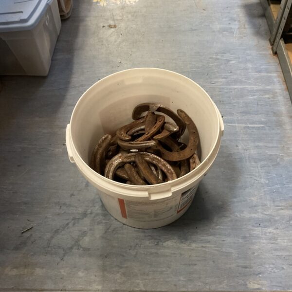 Bucket containing a quantity of used steel horseshoes, showing rust and wear