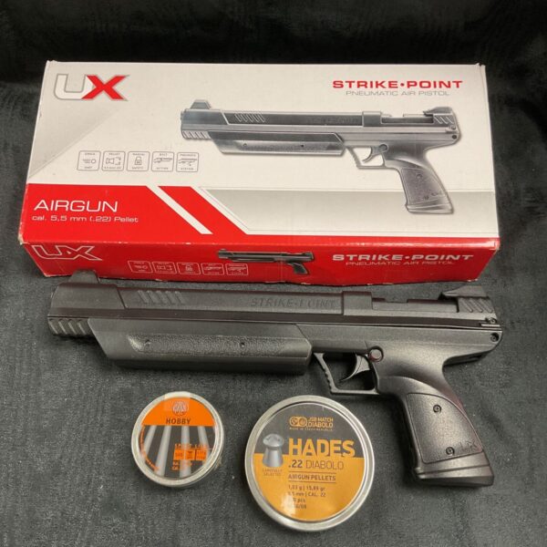 UX Strike-Point pneumatic air pistol with box and pellet tins