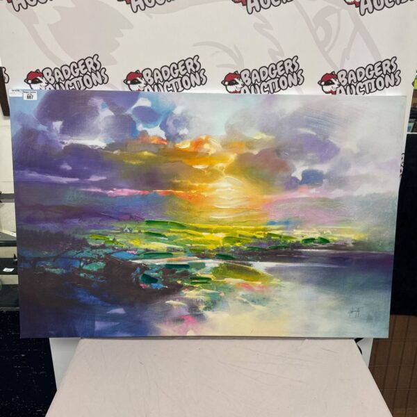 Large canvas print of a valley sunset with textured paint.