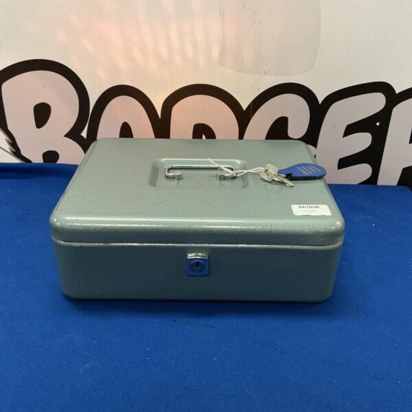 Vintage Vanguard metal lockbox with key for secure storage.