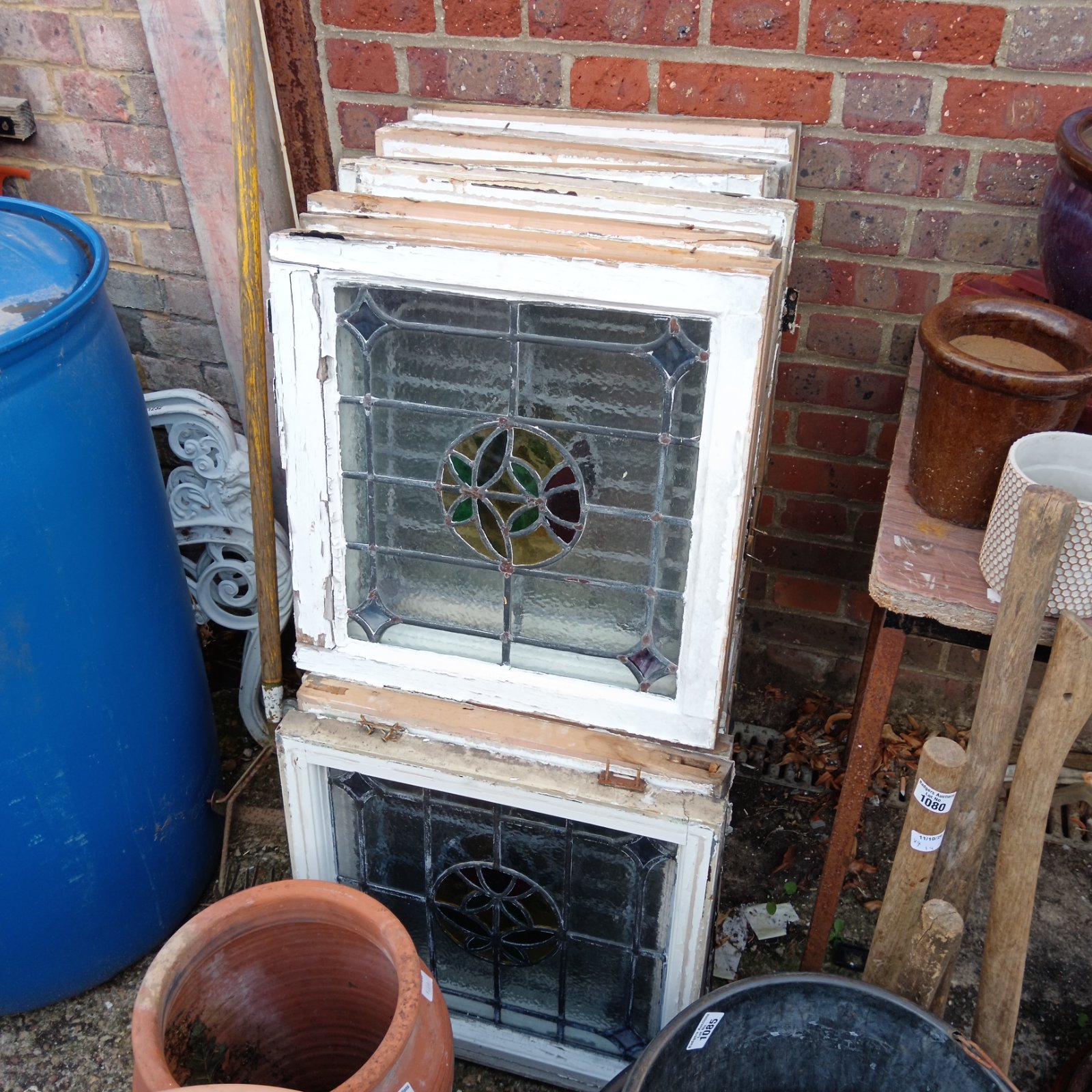 Antique Victorian stained glass window with leaded glass detail.