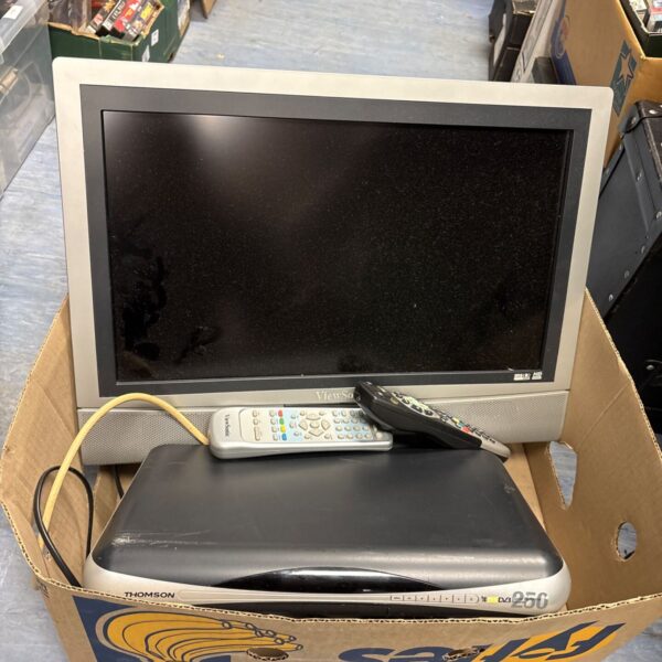 Viewsonic LCD television with Thompson digital recorder and remote controls.