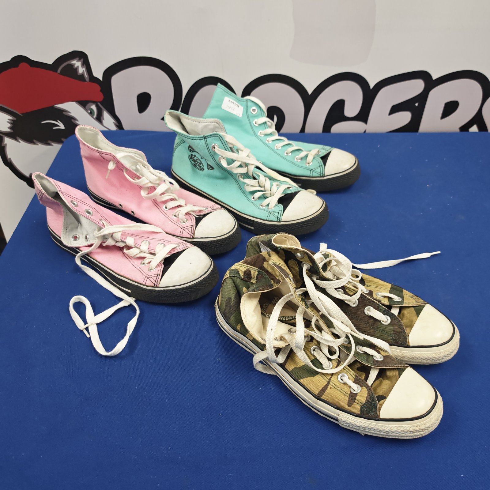 Vince Ray Voodoo pink and mint trainers with camouflage Converse, size 8