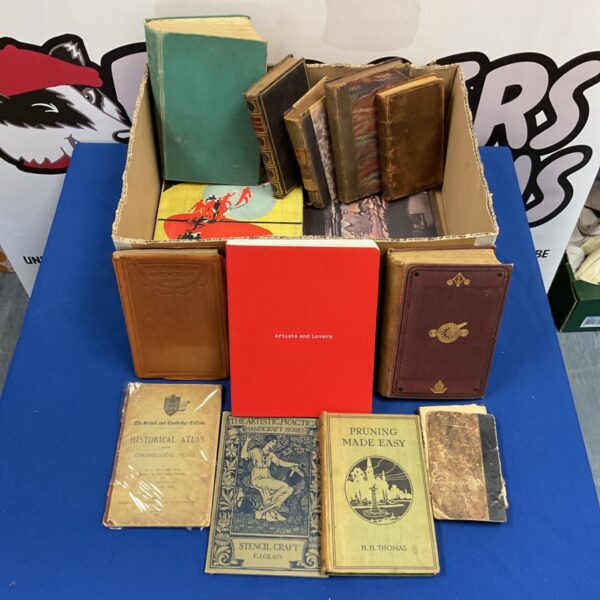 Box of vintage and antique books including Pruning Made Easy and Artists and Lovers