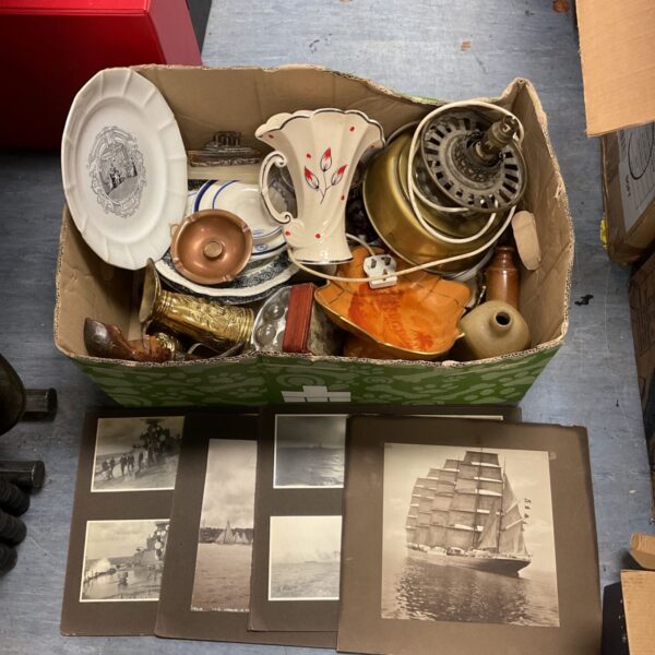 Box lot of vintage and antique items including brass jugs and Arthur Wood vase