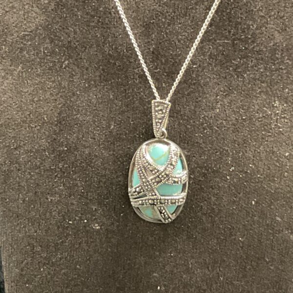 Vintage Art Deco turquoise and silver pendant with marcasite on silver necklace