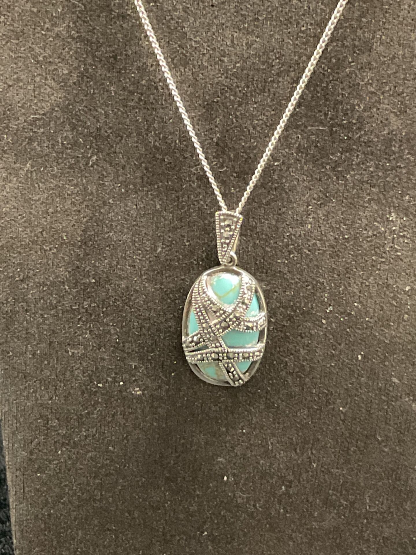 832 Vintage artdeco turquoise and silver 925 pendant set with marcasite on 18” silver necklace