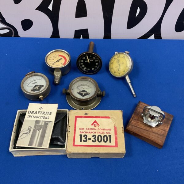 Vintage gauges lot with Bacharach Draftrite kit and carton