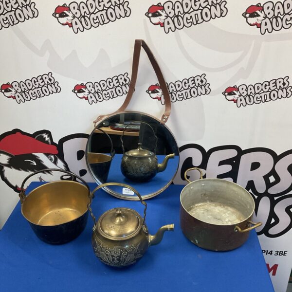 Vintage brass jam pan, kettle, copper pan and mirror collection.