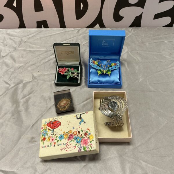 Vintage brooch and bracelet watch lot with enamel butterfly brooch and original boxes